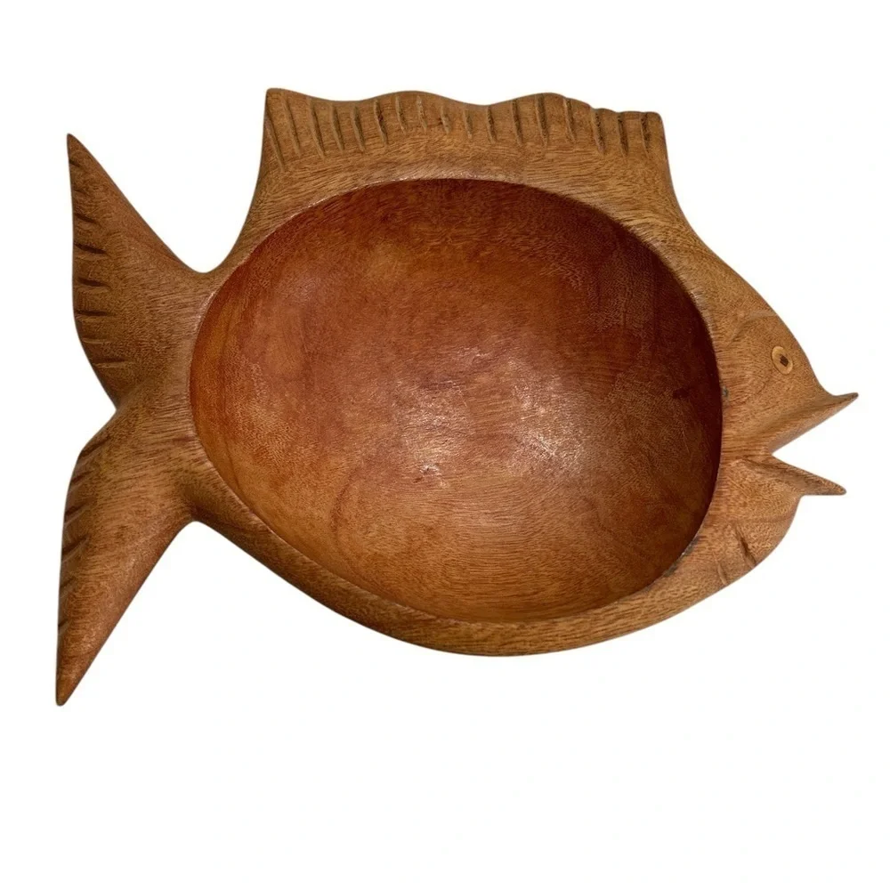 Vintage Mid Century Hand Carved Wooden Fish Bowl Trinket Serving Dish